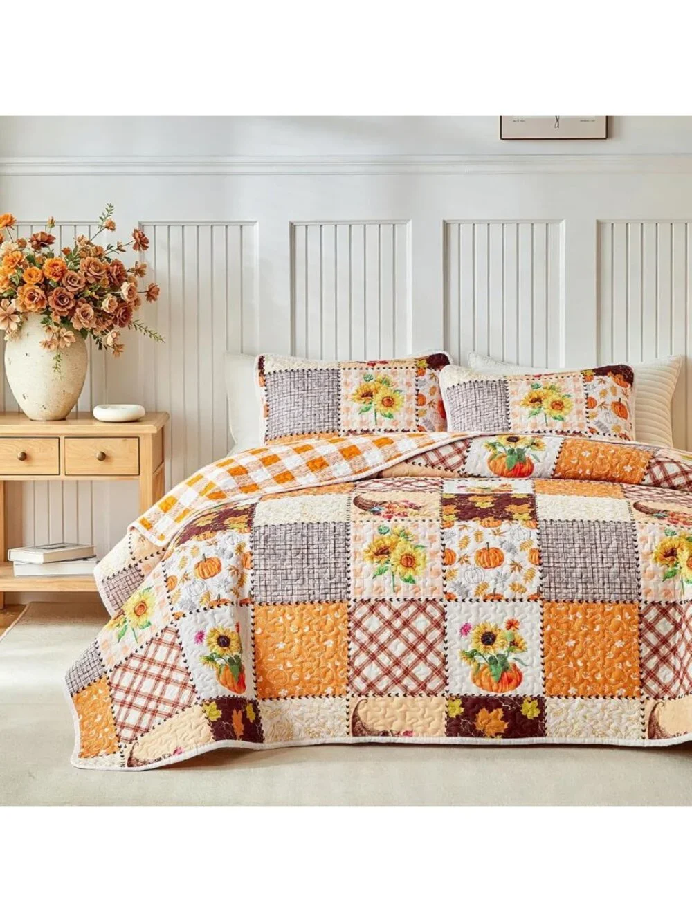 Autumn Harvest Patchwork Quilt Set - 2 Pieces Queen Size, Pumpkin Sunflower